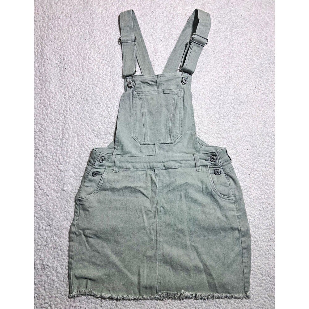Love Tree Denim Womens Overall Dress Size S Sage OliveGreen Distressed Hem Skirt
